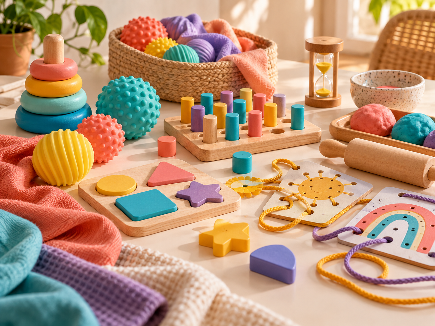 Coleção de brinquedos e materiais coloridos usados em atividades lúdicas