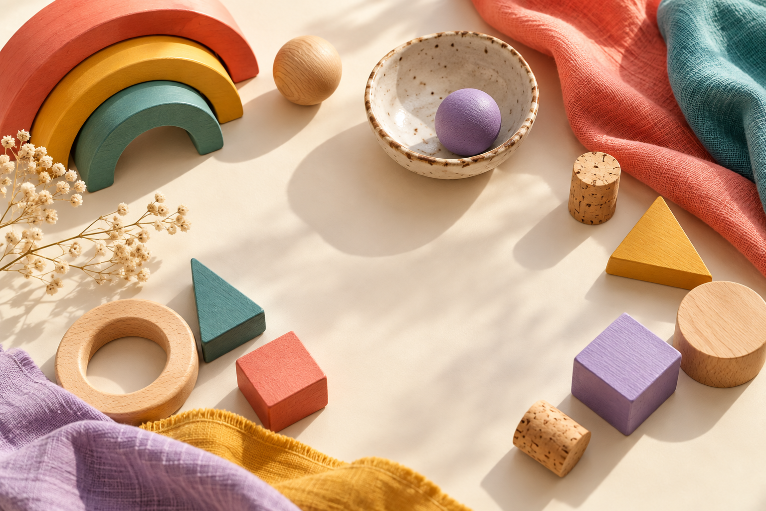 Composição colorida de materiais táteis sobre uma mesa clara